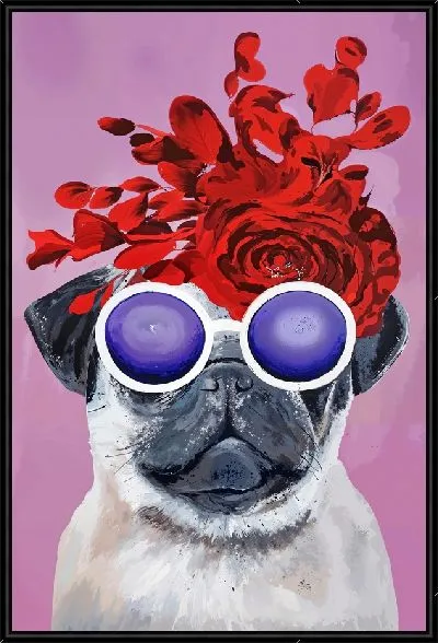 Картина Мопс в сиреневых очках и роза