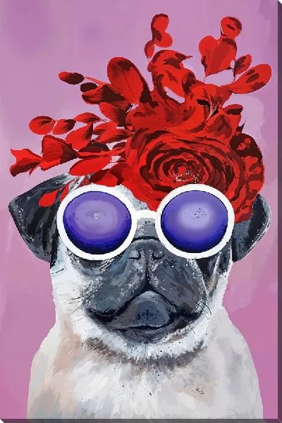 Картина маслом Мопс в сиреневых очках и роза