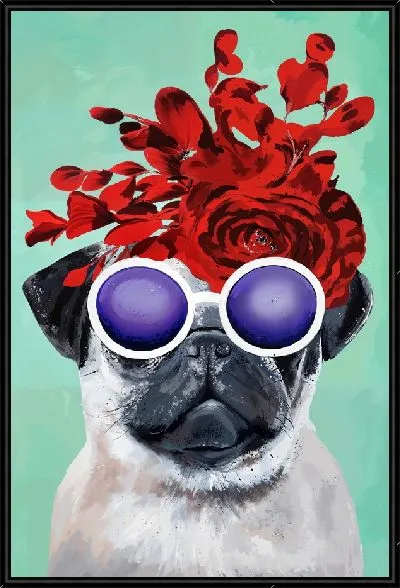 Картина Мопс в сиреневых очках и роза на зеленом фоне