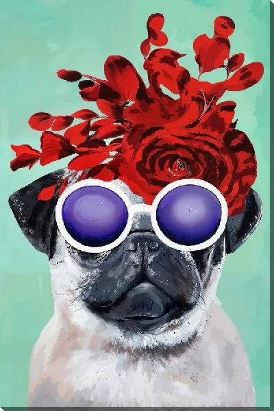 Картина маслом Мопс в сиреневых очках и роза на зеленом фоне