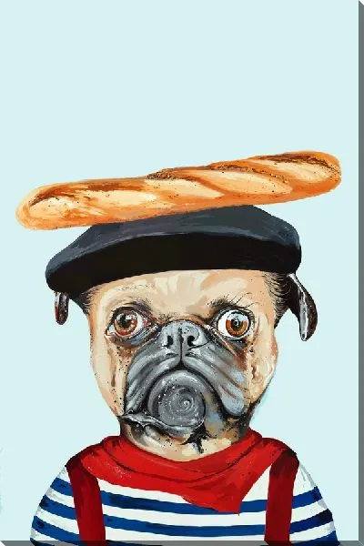 Постер Мопс с багетом во французском стиле