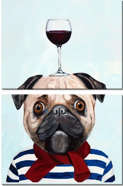 Модульная картина Мопс и бокал красного вина