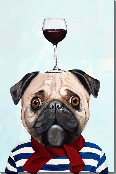 Картина маслом Мопс и бокал красного вина