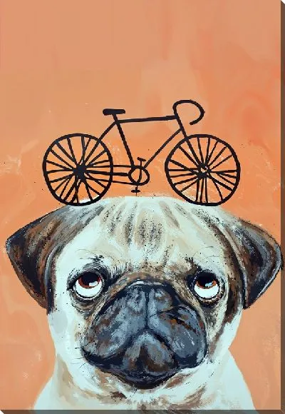 Картина маслом Мопс и велосипед