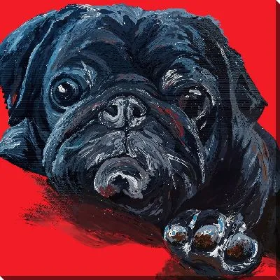 Картина маслом Мопс на алом фоне