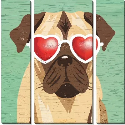 Модульная картина Мопс в очках в стиле сердца