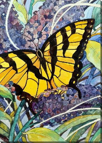 Картина маслом Желтая бабочка и сирень