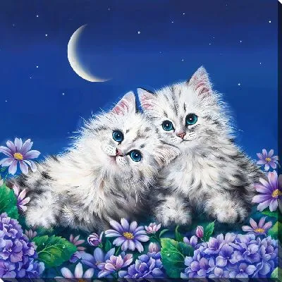 Картина маслом Любовь кошачья на фоне Луны