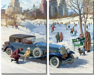Картина Зимний отдых - катание на коньках и ретро-автомобиль