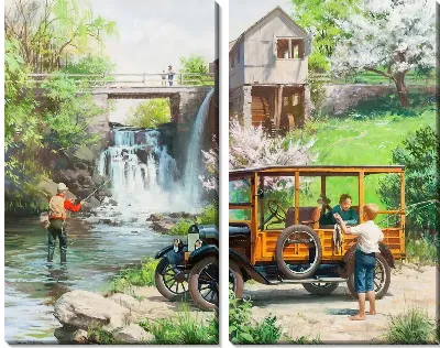 Картина Рыбак и ретро-автомобиль у плотины