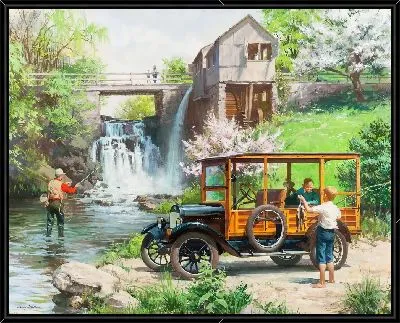 Картина Рыбак и ретро-автомобиль у плотины