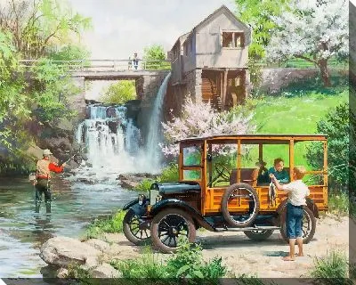 Картина Рыбак и ретро-автомобиль у плотины