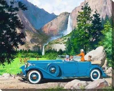 Картина Синий ретро-автомобиль на фоне гор и водопада