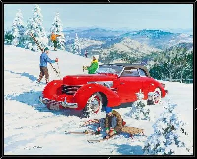 Зимний отдых и красный ретро-автомобиль