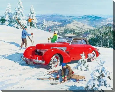 Зимний отдых и красный ретро-автомобиль