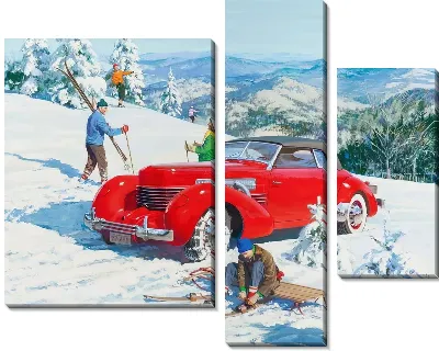 Зимний отдых и красный ретро-автомобиль