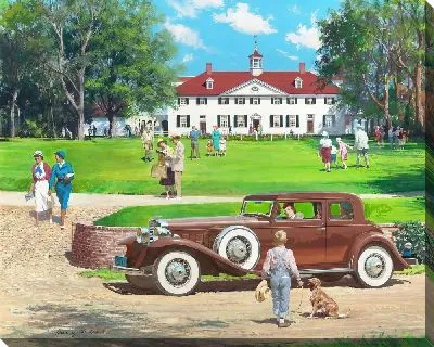 Картина Коричневый ретро-автомобиль перед лужайкой