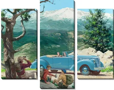 Картина Отдых в горах и ретро-автомобиль