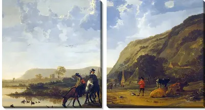 Картина Речной пейзаж с всадниками (River landscape with horsemen)