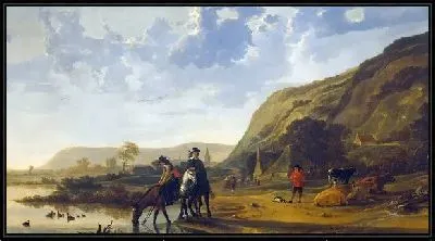 Картина Речной пейзаж с всадниками (River landscape with horsemen)