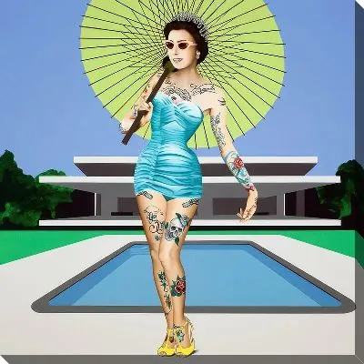 Эми Уайнхаус с зонтом у бассейна