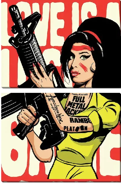 Модульная картина Эми Уайнхаус с татуировками и автоматом