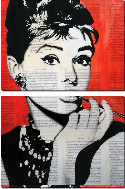 Модульная картина Одри на красном газетном фоне