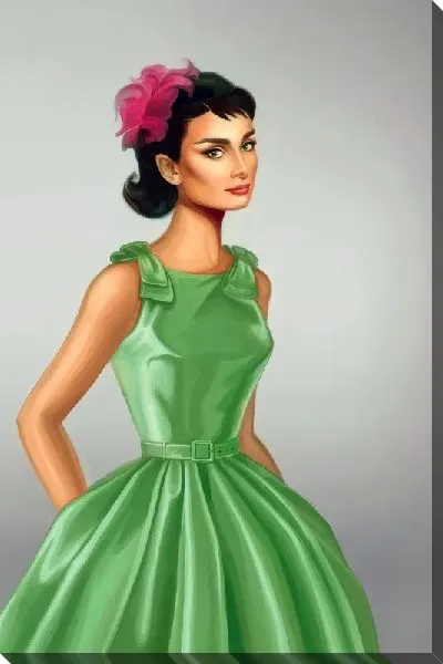 Картина маслом Одри Хепбёрн в зеленом платье