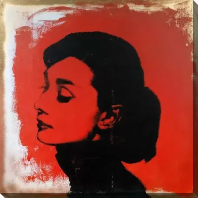 Картина маслом Одри Хепбёрн на красном фоне