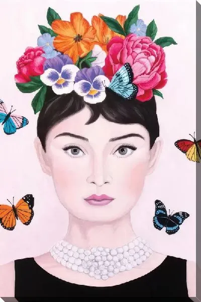 Картина маслом Одри Хепбёрн с цветами на голове и бабочками