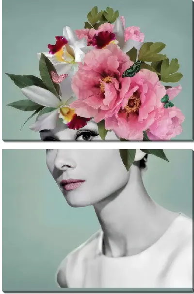 Модульная картина Одри Хепбёрн с цветами на голове №2