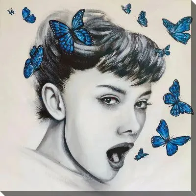 Картина маслом Одри Хепбёрн и синие бабочки