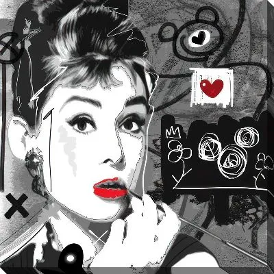 Картина маслом Ч/б портрет Одри Хепбёрн с красными контрастами