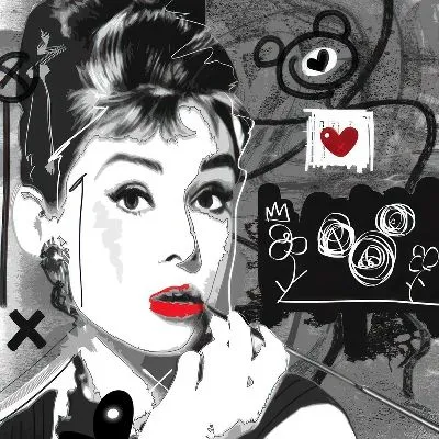 Плакат Ч/б портрет Одри Хепбёрн с красными контрастами