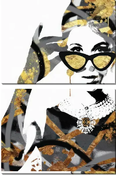 Модульная картина Одри Хепбёрн в очках с золотом