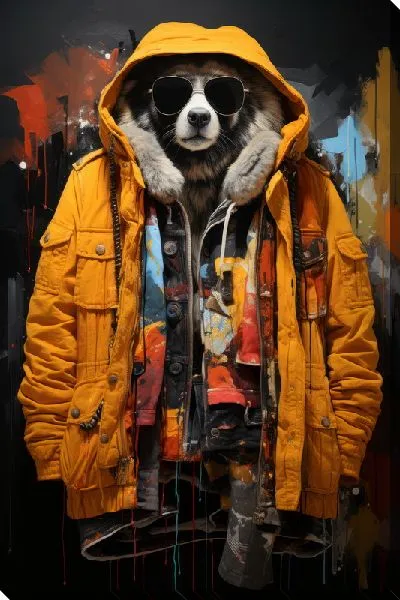Постер Енот в солнечных очках и желтой куртке