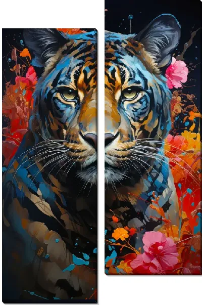 Модульная картина Тигр в стиле мастихин с яркими цветами