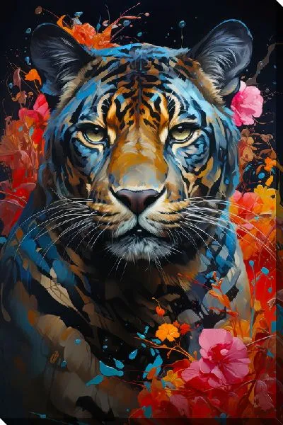 Постер Тигр в стиле мастихин с яркими цветами