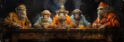 Картина маслом 5 обезьян за трапезой