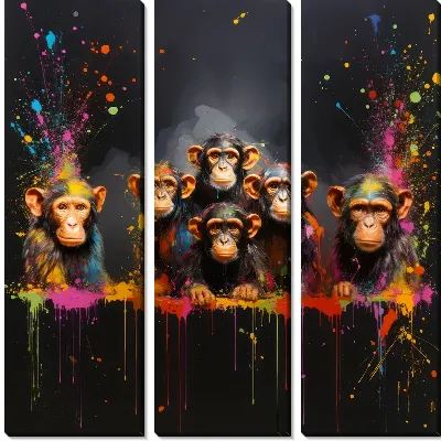Модульная картина 6 обезьян с яркими всплесками краски
