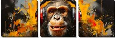 Модульная картина Обезьяна слушает музыку в красных наушниках