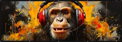 Картина Обезьяна слушает музыку в красных наушниках