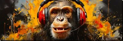 Постер Обезьяна слушает музыку в красных наушниках