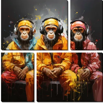 Модульная картина Три обезьяны слушают музыку №10