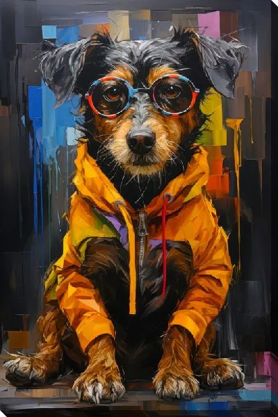 Картина маслом Пёсик в очках и одежде