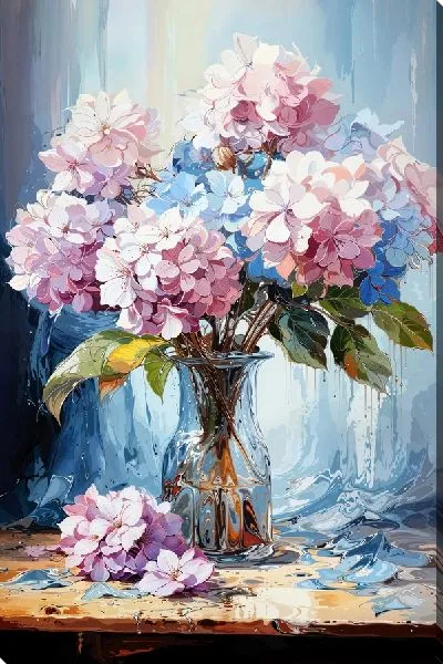 Картина маслом Гортензии в вазе №14