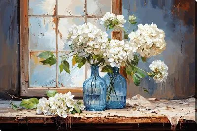 Постер Букеты гортензий на подоконнике