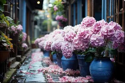 Картина маслом Букеты розовых гортензий на улице