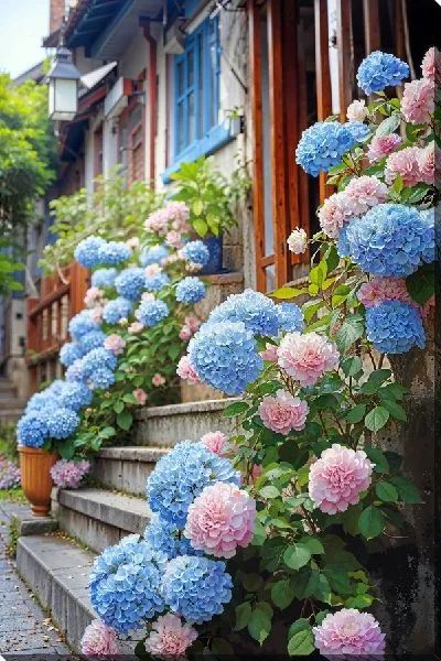 Картина маслом Гортензии на лестнице заднего двора