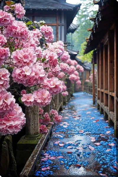 Картина маслом Гортензии вдоль тропинки